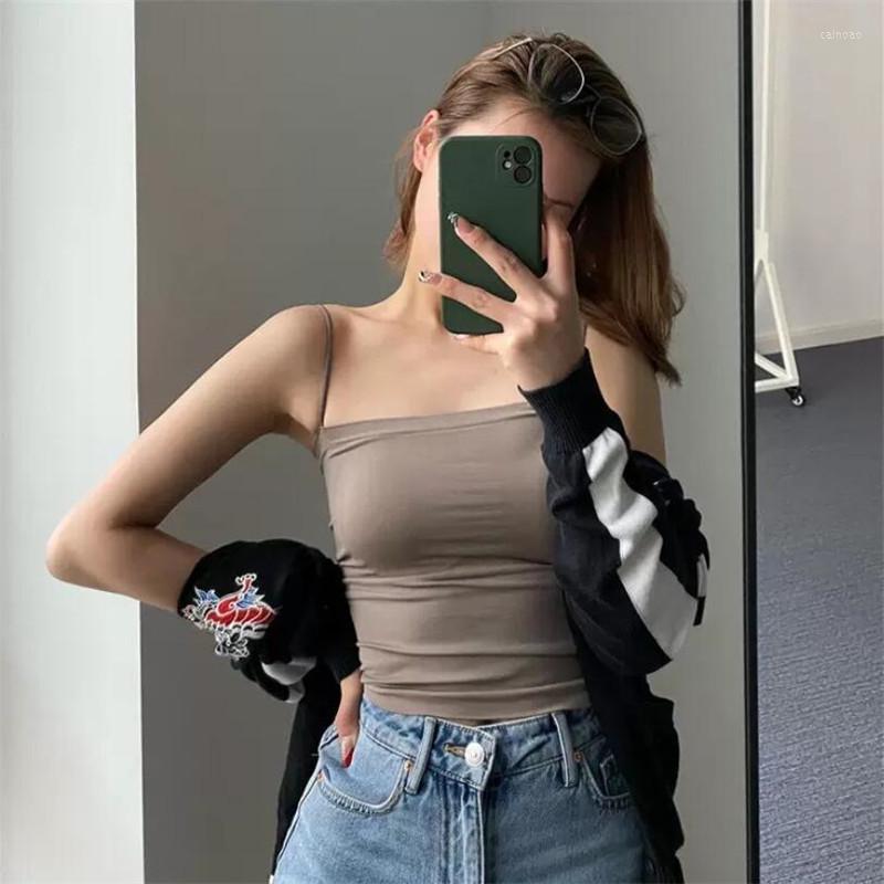 

Women's Tanks Summer Korean Women Basic Spaghetti Strap Tank Top Bra Tops For Backless Slim Sleeveless Camisole Cropped Bandeau, Black