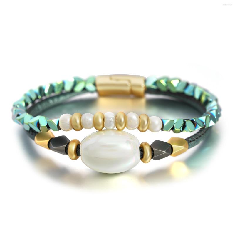 

Charm Bracelets ALLYES Trend Punk Pearl Stone Beaded Leather Bracelet For Women Bohemian Hematite Wrap Jewelry Gifts