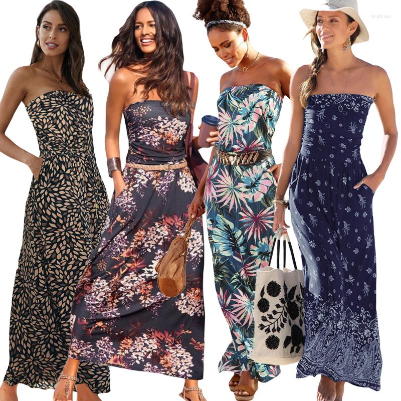 

Casual Dresses Bohemian Boho Dress Bandeau Floral Print Sleeveless Maxi, Beige
