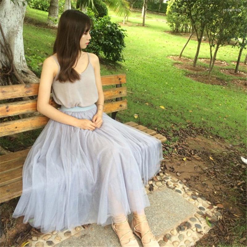 

Skirts Solid Women Fashion Mesh Patchwork Casual Three-layer Yarn High Waist Pleated Skirt Female, Gray