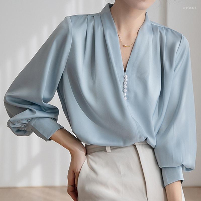 

Women' Blouses 2022 Vinegar Silk Satin Shirts Women' White Blue Long Sleeve Elegant V Neck Tops Femme Ladies OL Office Shirt Blusa