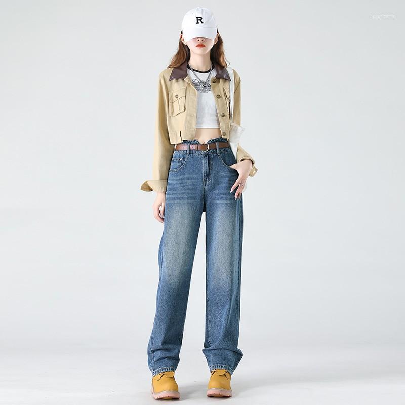 

Women' Jeans GUUZYUVIZ Vintage Blue Straight Wide Leg Woman Free Belt