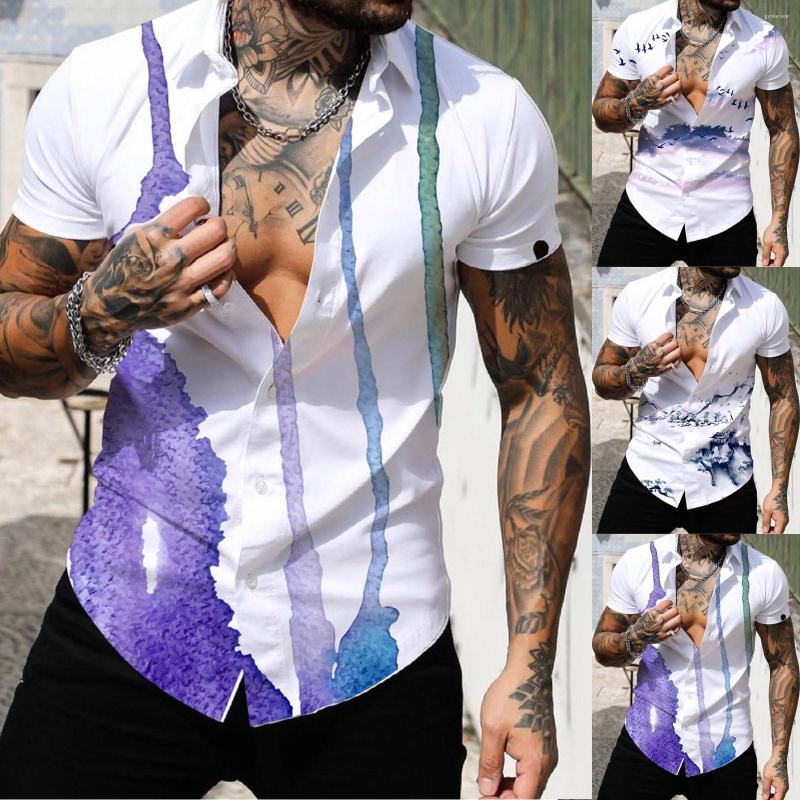 

Men's Casual Shirts Men Spring Summer Single Breasted Lapel Full Print Beach Short Sleeve Vacation Outdoor Holiday Shirt Mens Blank, Blue