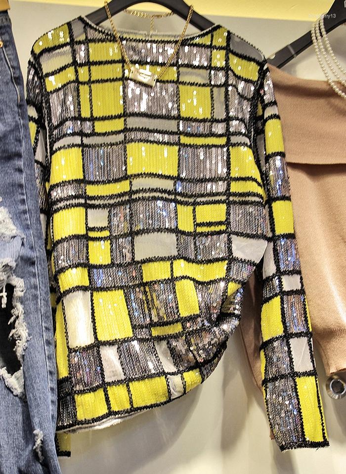 

Women's T Shirts Blingbling Fashion Irregular Plaid Sequins Color Blocking O-neck Long Sleeve T-shirt 2023 Spring Autumn Loose Pullovers