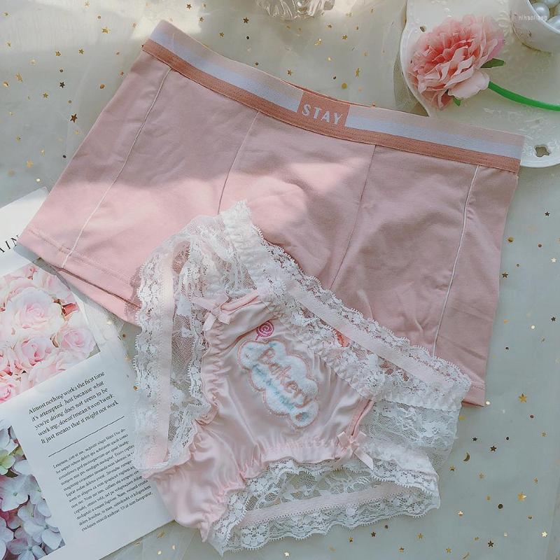 

Women's Panties 2PCS Sexy Lingerie Couple Women Men Pink Lace Boxers Shorts Briefs Boys Girls Mesh Lingeries Femme Underpants Lovers