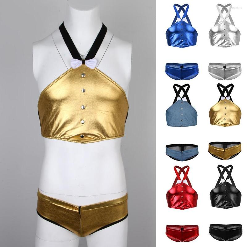 

Bras Sets Stylish Men Mentalic Lingerie Briefs Body Chest Strap Harness Costume Cosplay Nightclub Suit, Silver