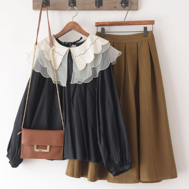 

Women's T Shirts Autumn Women's Dress Court Retro Organza Big Lotus Collar Sweet Elegant Loose A-line Cotton Doll Shirt, Black