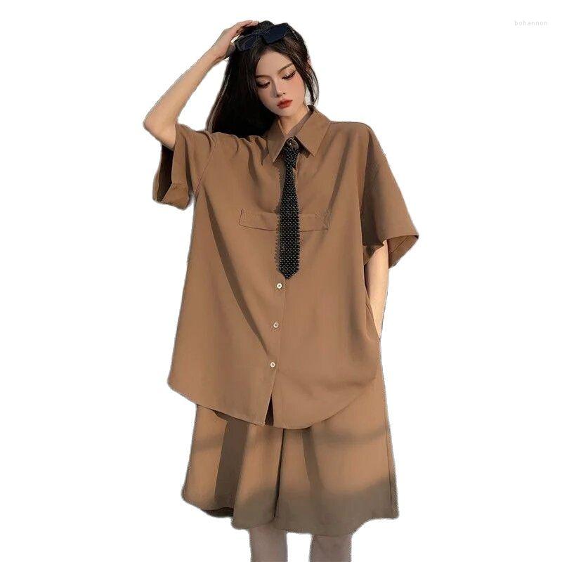 

Women' Tracksuits Fashion Suit Women' Summer 2022 Suits With Shorts Retro Casual Short-Sleeved Shirt Two-Piece Tide, Khaki suit