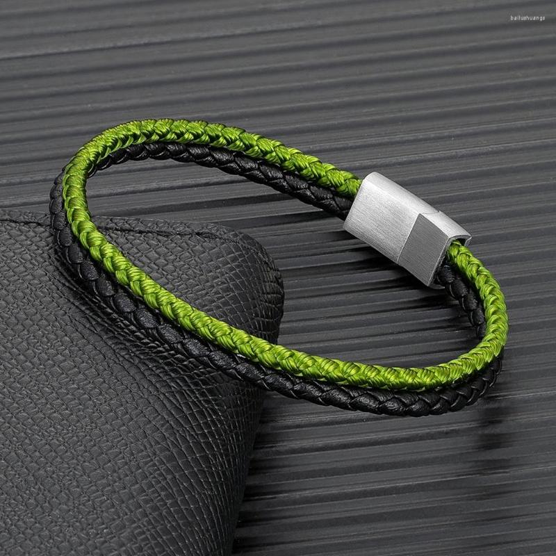 

Charm Bracelets MKENDN Trendy Men Double Strand Olive Green Keel Rope Leather Bracelet Matte Stainless Steel Button Handmade Jewelry Gifts