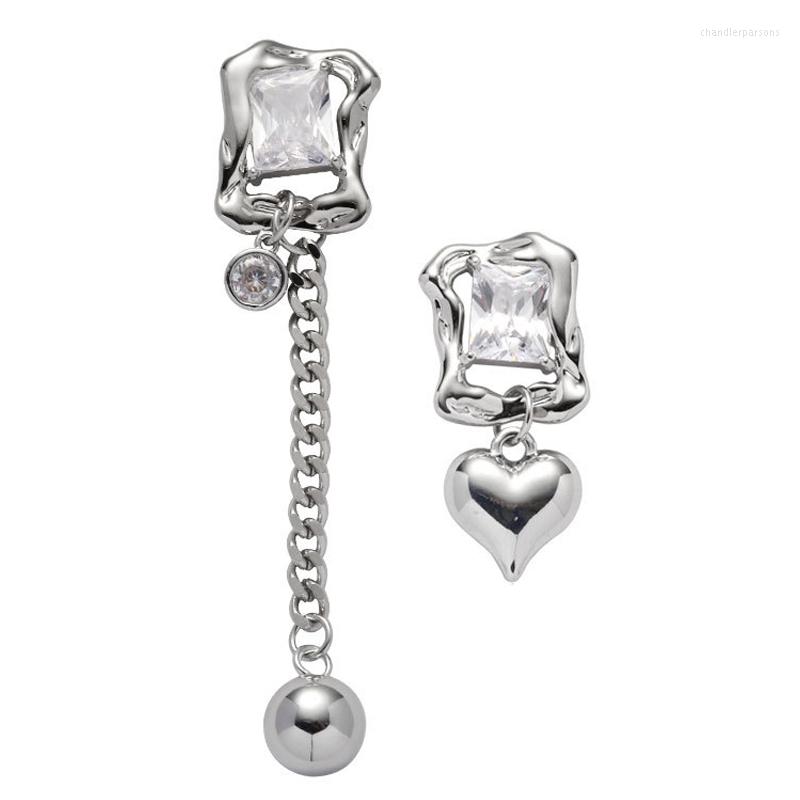 

Stud Earrings Fashion Magic Mirror Series Love Pendant Square Zircon Asymmetrical Chain Sweet Cool Girl Hip Hop Simple Jewelry