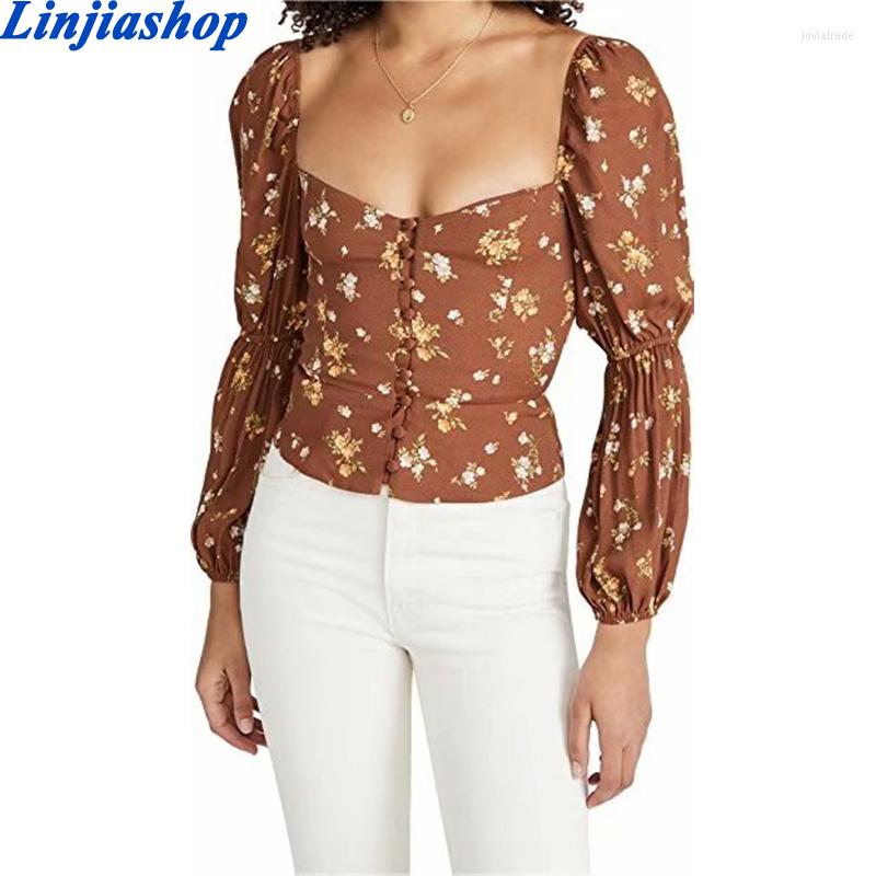 

Women' Blouses Chic Women Tops And Center Buttons Ropa Mujer Vintage Floral Print Shirt Lantern Long Sleeve Top Fashion Brown, Picture shown