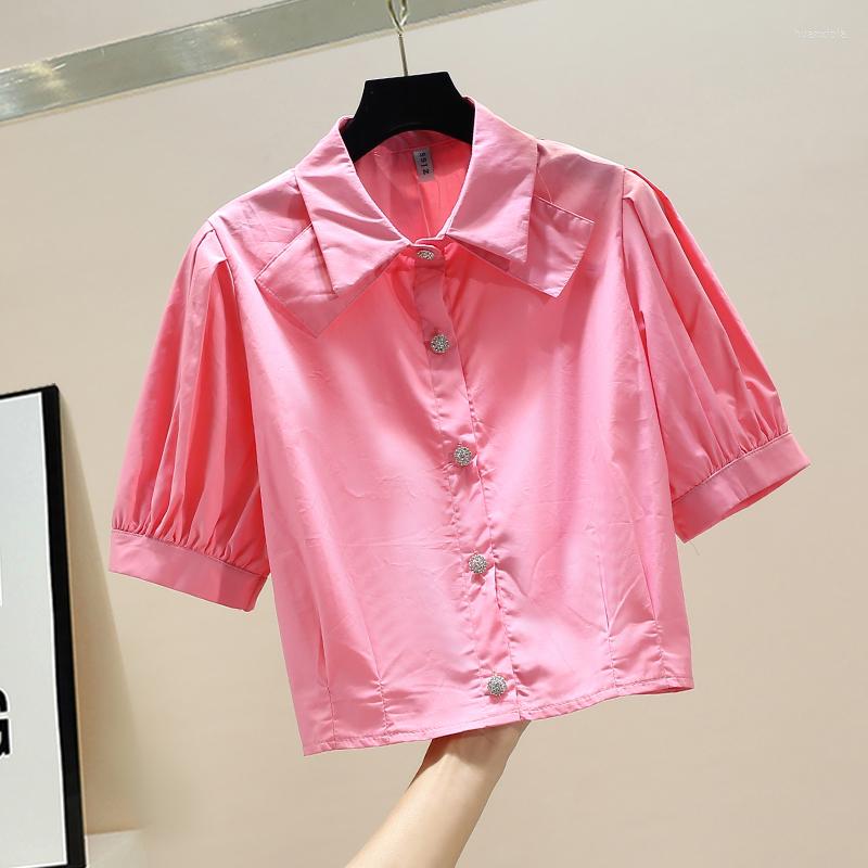 

Women's Blouses Diamond Buttoned Puff Sleeve Shirt Women High Waist Pink 2022 Summer Tops Fashion Turn-down Collar Button Up White