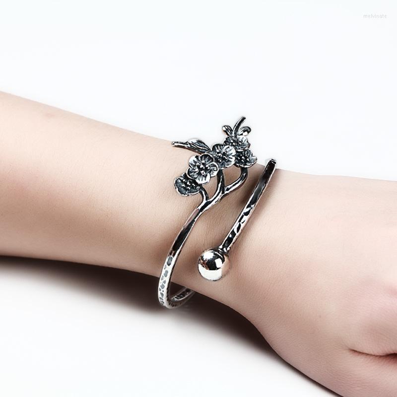 

Bangle ZHJIASHUN Retro 990 Sterling Silver Bangles For Women Vintage Fashion Jewelry Plum Blossom Design Female Handmade Gift