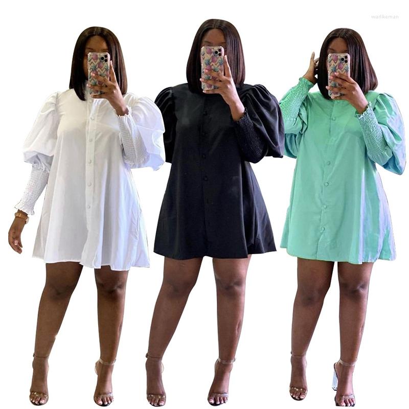 

Casual Dresses Women Loose Mini Shirt Dress Solid Autumn Long Lantern Sleeve Single Breasted Vestido Fashion Outfit Bodycon, Black
