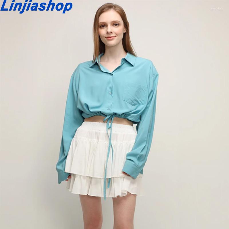 

Women' Blouses Women 2022 Fashion Loose Fitting Button-up Cropped Vintage Long Sleeve Elastic Hem Female Shirts Chic Tops, Picture shown