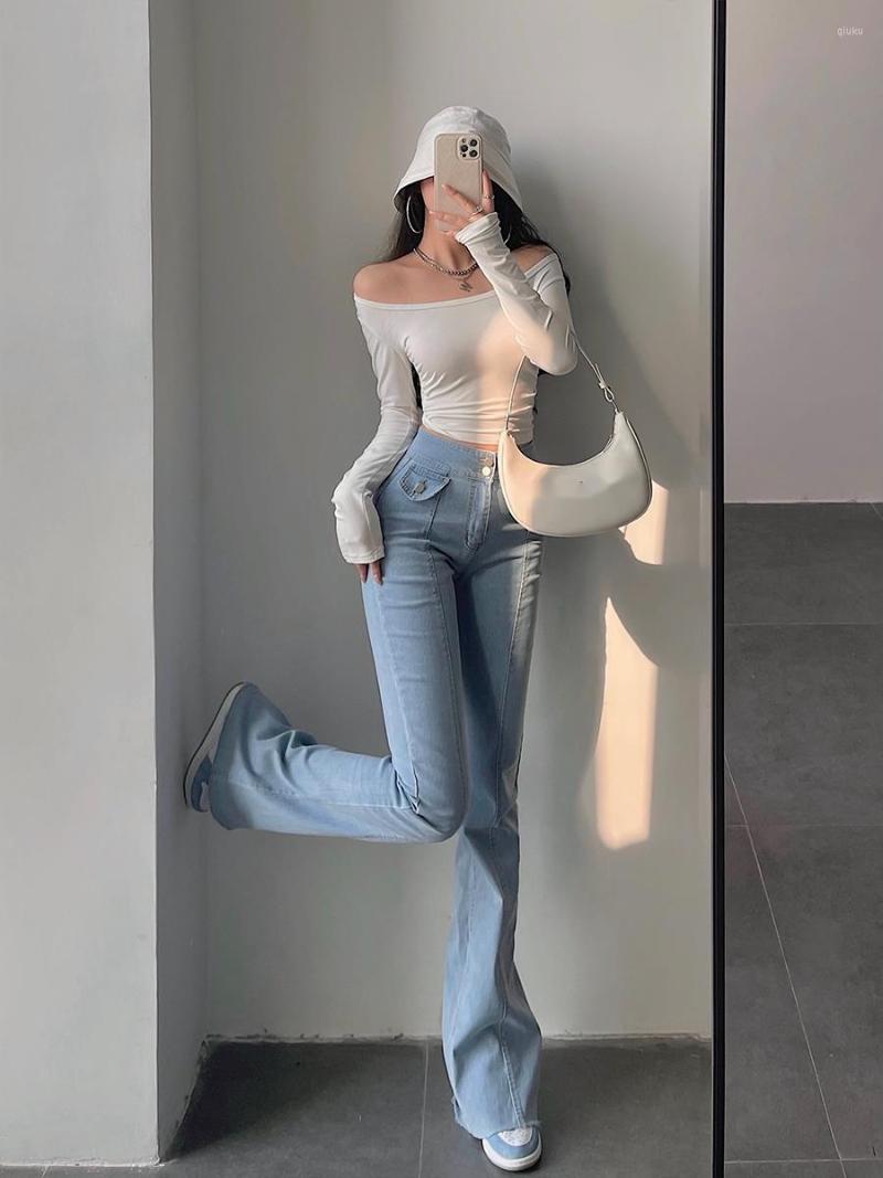 

Women's Pants TVVOVVINSpring And Autumn Retro Casual Style High Waist Tight Denim Flared Solid Color Leg Length Women's WM62, Black