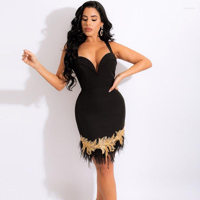 

Casual Dresses Sexy Feather Bodycon Dress Women Celebrity Party Night Clubwear Midi Sleveeless Birthday Vestido Invierno Mujer, Black