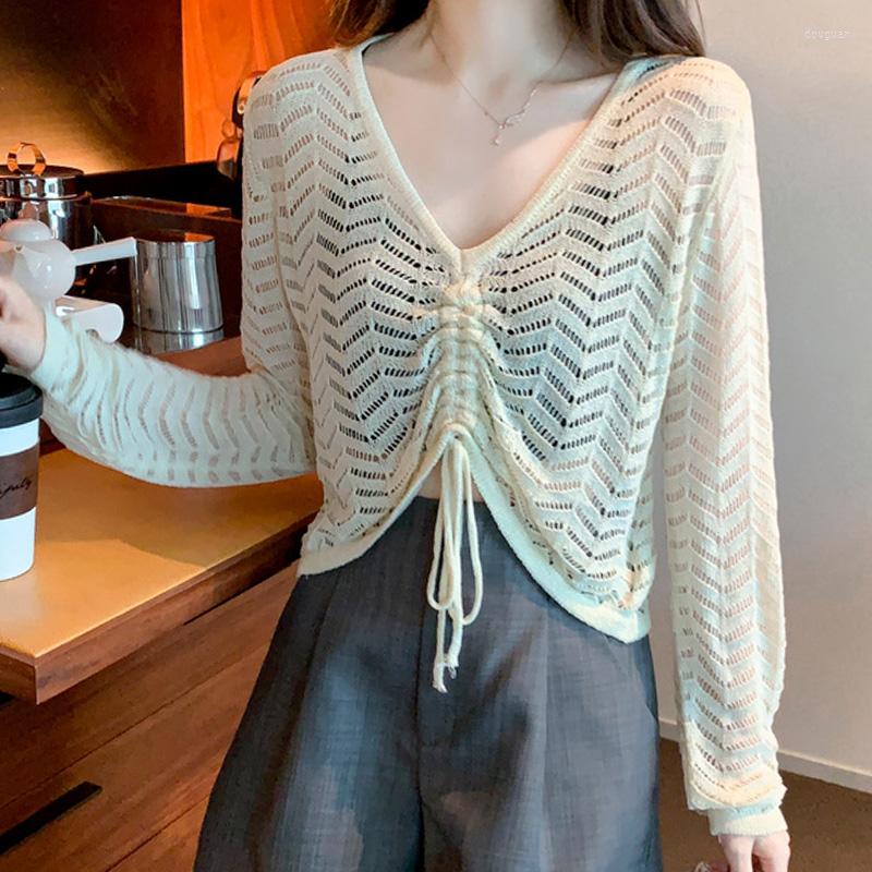 

Women' Blouses Women' V-Neck Korean Style Drawstring Summer Knitted All-Match Ice Silk Long-Sleeved Solid Color Fashion Shirt Pullover, Black