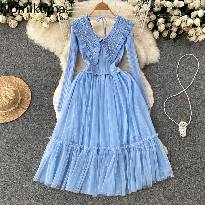 

Casual Dresses Nomikuma Vestidos De Mujer Spring Autumn Heavy Beading Gauze Patchwork Chic Dress For Women Vintage Sweet Fashion Robe Femme, Blue