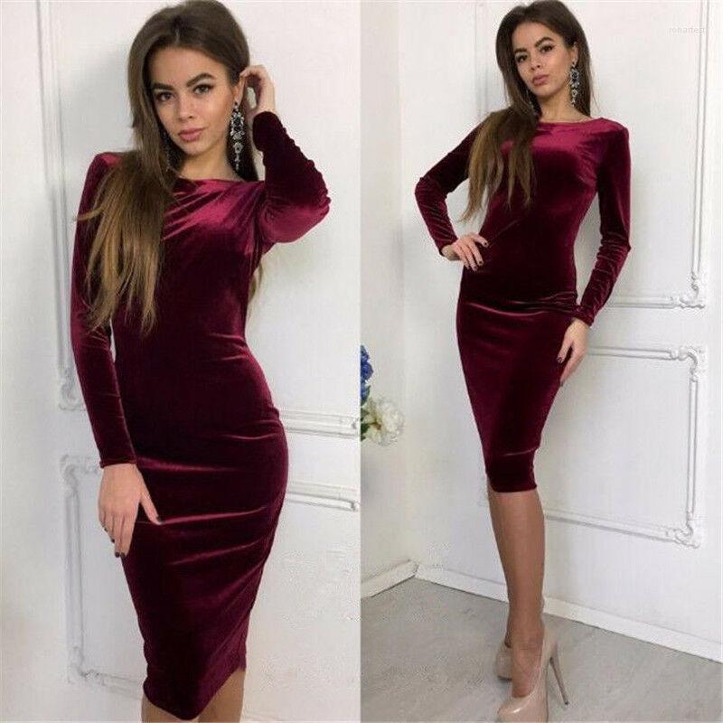 

Casual Dresses Elegant Plain Women Evening Dress Club Formal Classic Vestidos Fashion Long Sleeve Velvet Stretch Bodycon Midi 81, Black