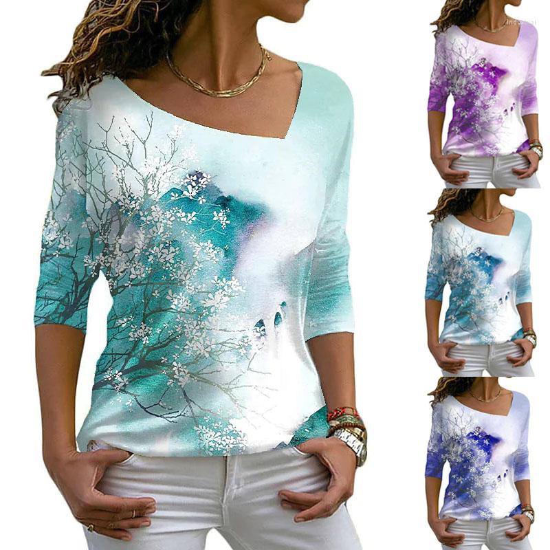 

Women's T Shirts Flowers Print Fashion Long Sleeve Pullovers Tops Women Clothing Tshirt Elasticity T-Shirt Tee Shirt, Blue