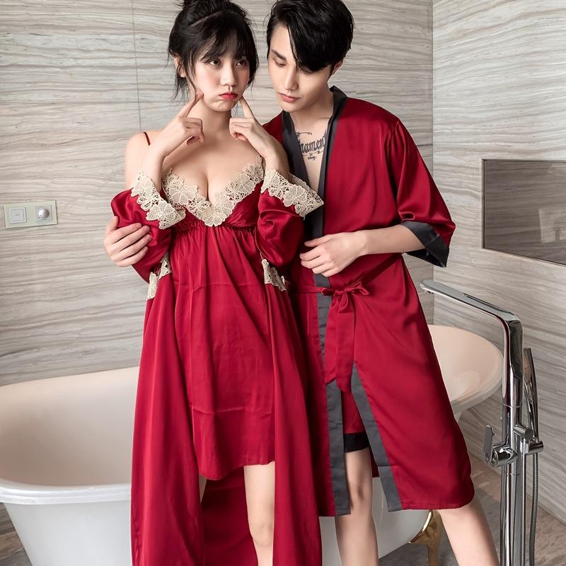 

Women's Sleepwear Imitation Silk Belt Bosom Cushion Suspenders Nightdress Nightgown 2Pcs Set Ladies Lovers Man Honeymoon Morning Gown