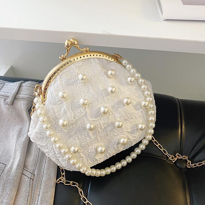 

Evening Bags 2022 Women's Handbag Pearl Beads Silk Blue White Small Round Bag Fashion Fine Metal Chain Ladies Shoulder Crossbody
