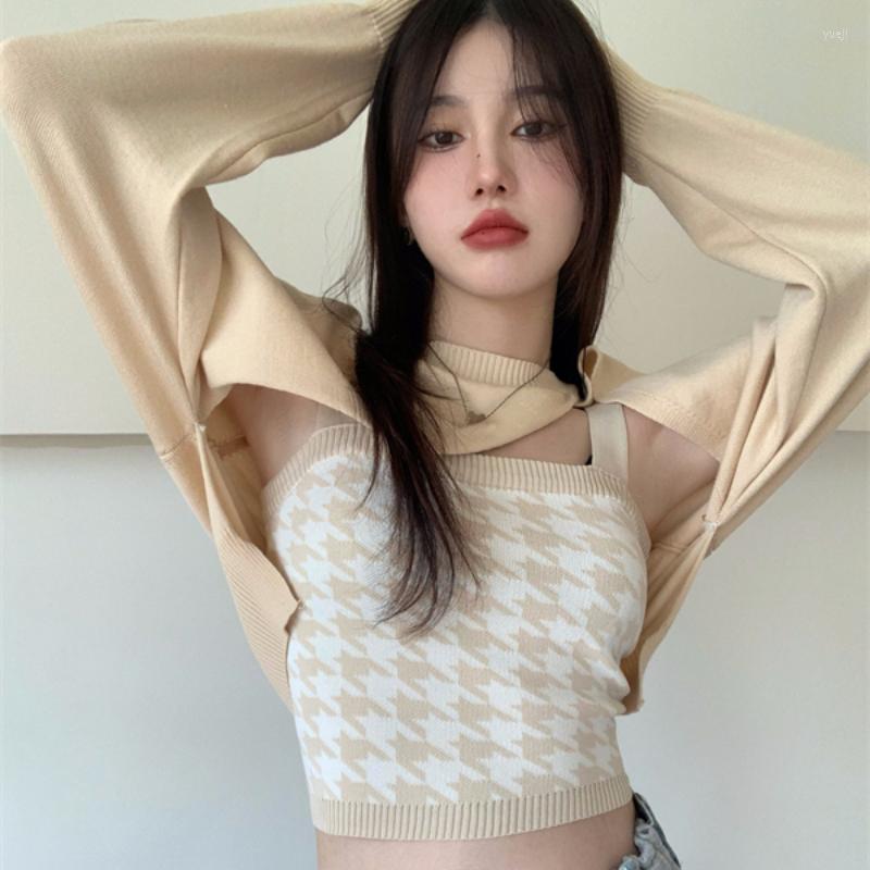

Women's Knits Y2k Houndstooth 2 Pieces Set Warm Soft Sweater Cardigans Women 2022 Winter And Autumn Single-row Buckle Long-sleeved Knitted, Black tank
