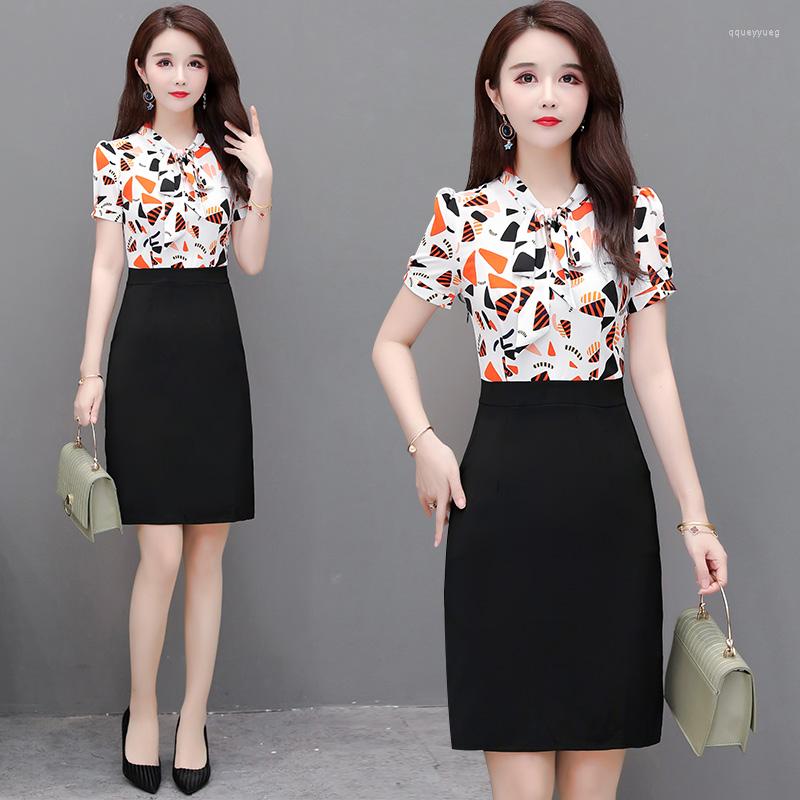 

Party Dresses Summer Patchwork Pocket Bow Short Sleeve Knee-Length A-Line Plus Zise High Waist Slim Chiffon Orange Blue Cocktail 9339