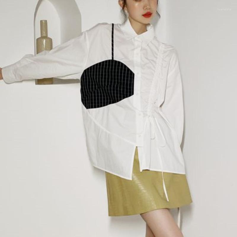

Women's Blouses Stitching Plaid Folds Blouse Women's Loose Long-sleeved Shirt Korean 2022 Autumn Arrival E962, White