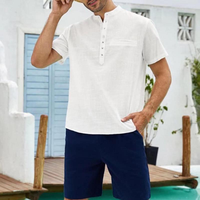 

Men's Casual Shirts Men's Linen Shirt Solid Color All Match Stand Collar Summer Leisure Loose Cotton Tops Clothing, White