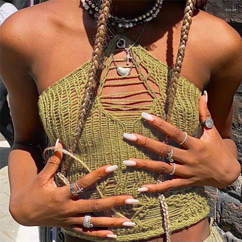 

Women's Tanks MONMOIRA Hollow Out Halter Camisole Women Summer Lace-up Backless Y2K Crop Knit Tops Female Streetwear Cwe0733-5, Army green