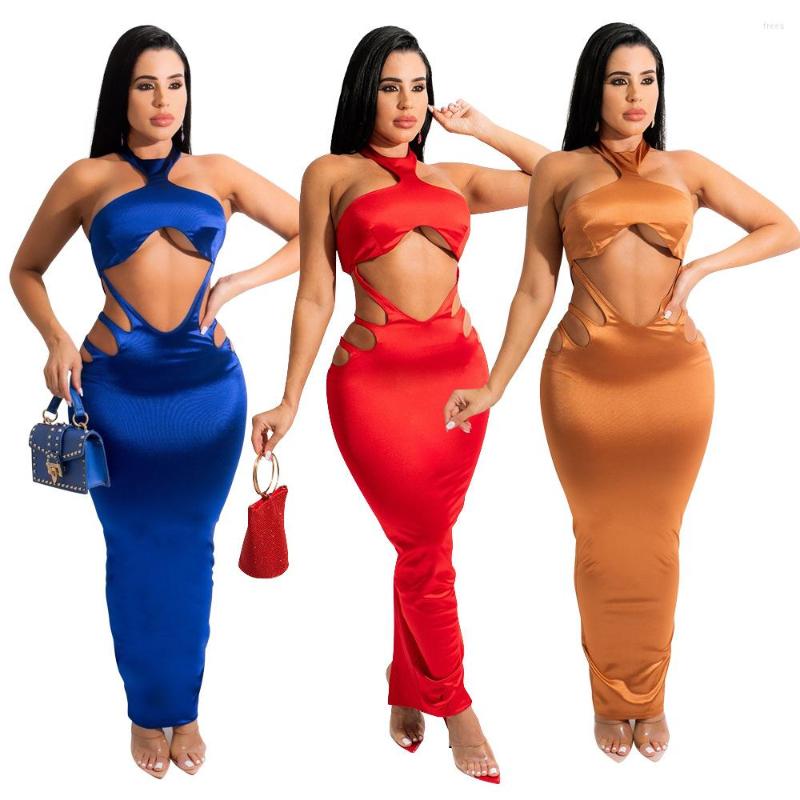 

Casual Dresses Elegant Shiny Solid Maxi Party Dress Women Sexy Hollow Out Strapless Halter Backless Split Bodycon Long Clubwear Birthday, Blue