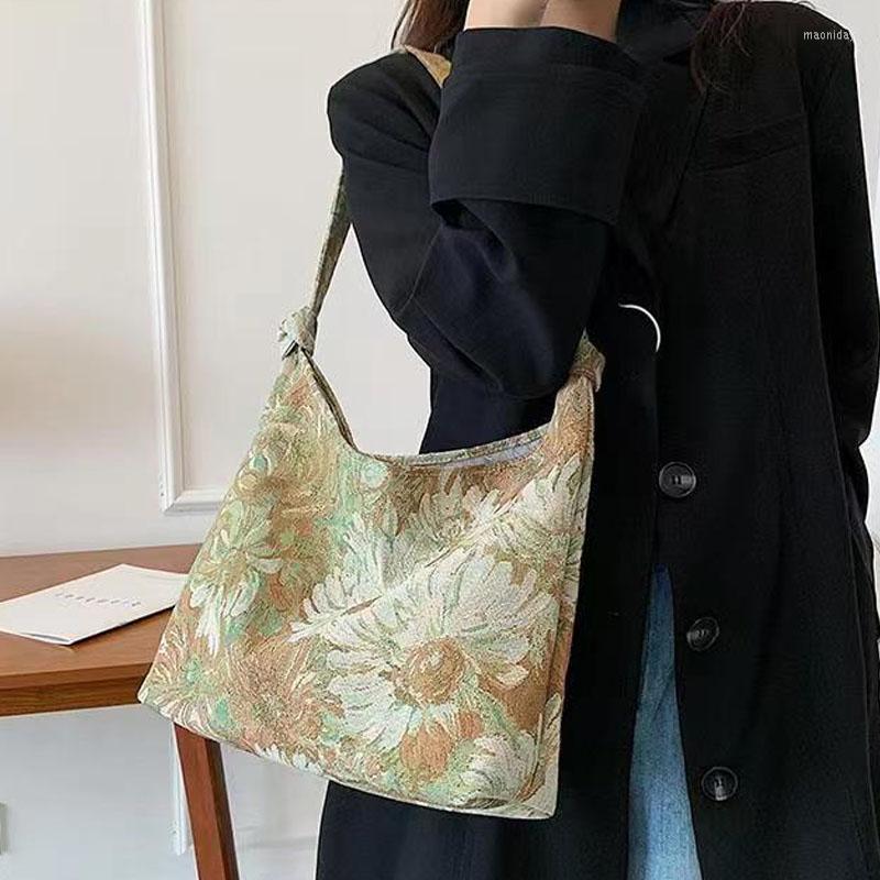 

Evening Bags Creative Glamour Flower Pattern Large-capacity Shoulder Bag Autumn And Winter Vintage Trendy Canvas Handbag Shopping
