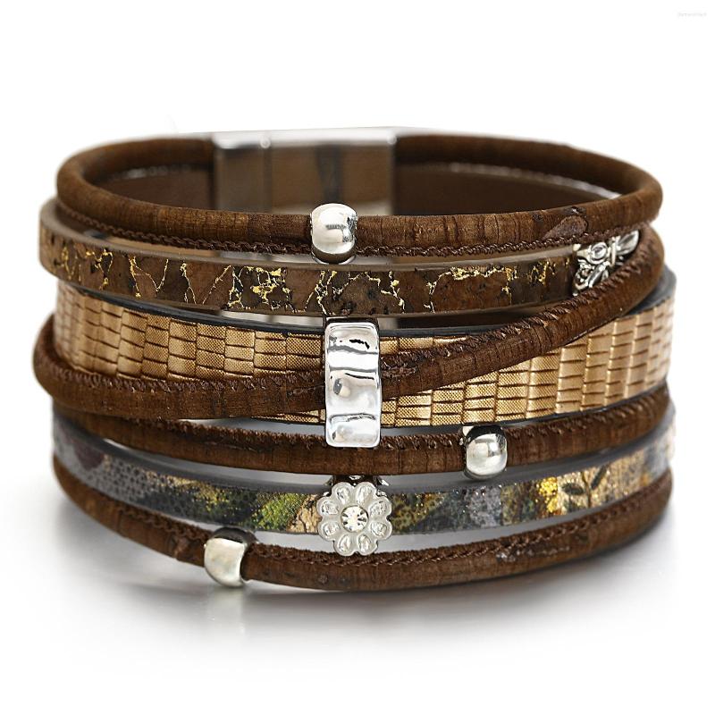 

Charm Bracelets ALLYES Retro Ethnic Handmade Leather Bracelet For Women Men Metal Flower Beads Wide Wrap Vintage Jewelry