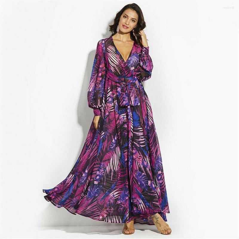 

Casual Dresses Autumn Fashion Women' Ladies V-neck Flower Printed Sundress Floral Beach Long Sleeve Maxi Dress Boho Loose, Green
