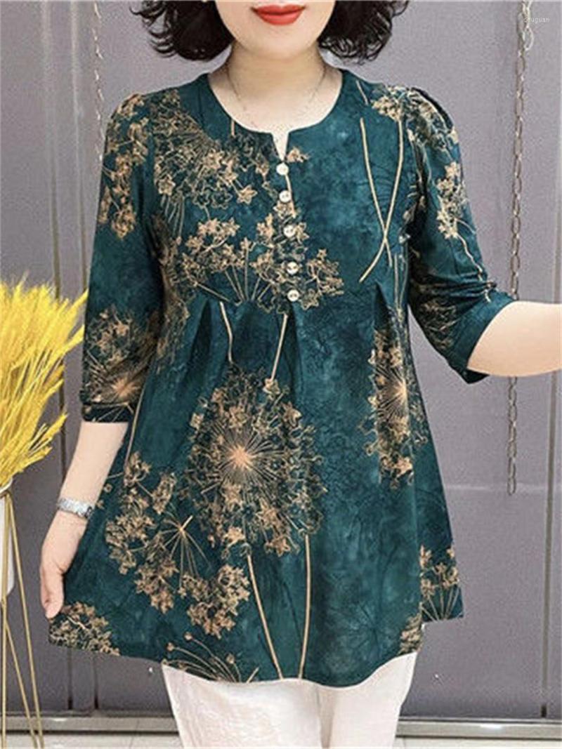 

Women's Blouses 5XL Women Spring Summer Shirts Lady Fashion Casual Half Sleeve V-Neck Collar Retro Printing Blusas Tops2312, Green