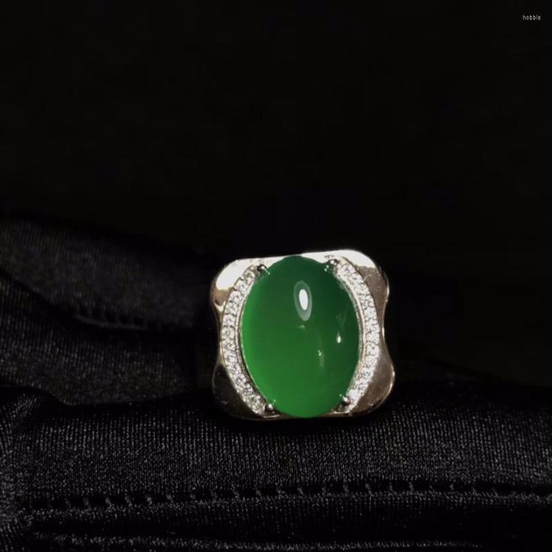 

Cluster Rings Natural Green Chalcedony Men's Ring Atmospheric Style Heavy Silver Feel Good 925