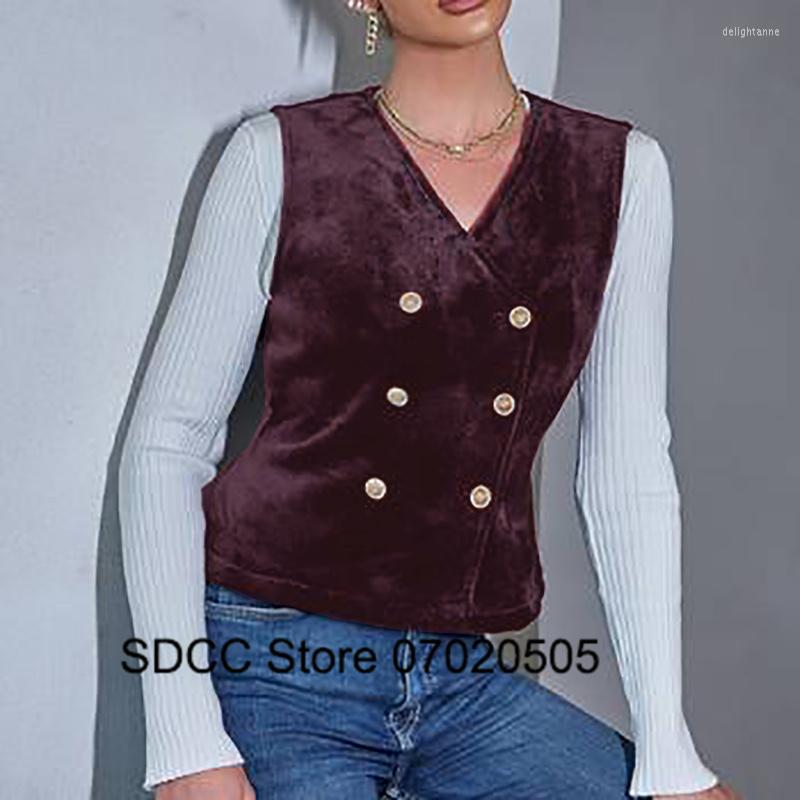 

Women' Vests Women' Velvet Vest Slim Fit V-Neck Double Breasted Sleeveless Jacket Office Dinner Ladies Waistcoat Black Gilet