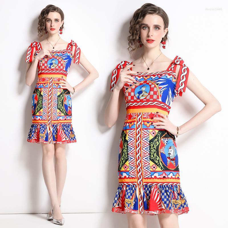 

Casual Dresses Summer Fashion Women Printed Fishtail Skirt Bodycon Tunic Knee Length Spaghetti Strap Temperament Square Collar Cute Vestido, Red