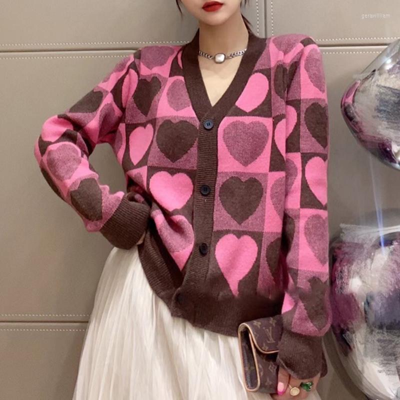 

Women's Knits Autumn Women's Elegant Heart Cardigan Sweater Coat Loose Vintage Korean Fashion V-neck Long-sleeve Knitted Jacket Top, Black