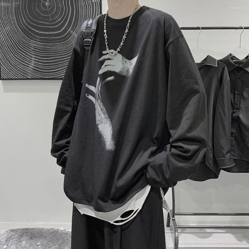 

Men' T Shirts Long-sleeved T-shirt Spring And Autumn Tide Brand Trend Japanese Round Neck Loose Top Oversized Long Sleeves, Black