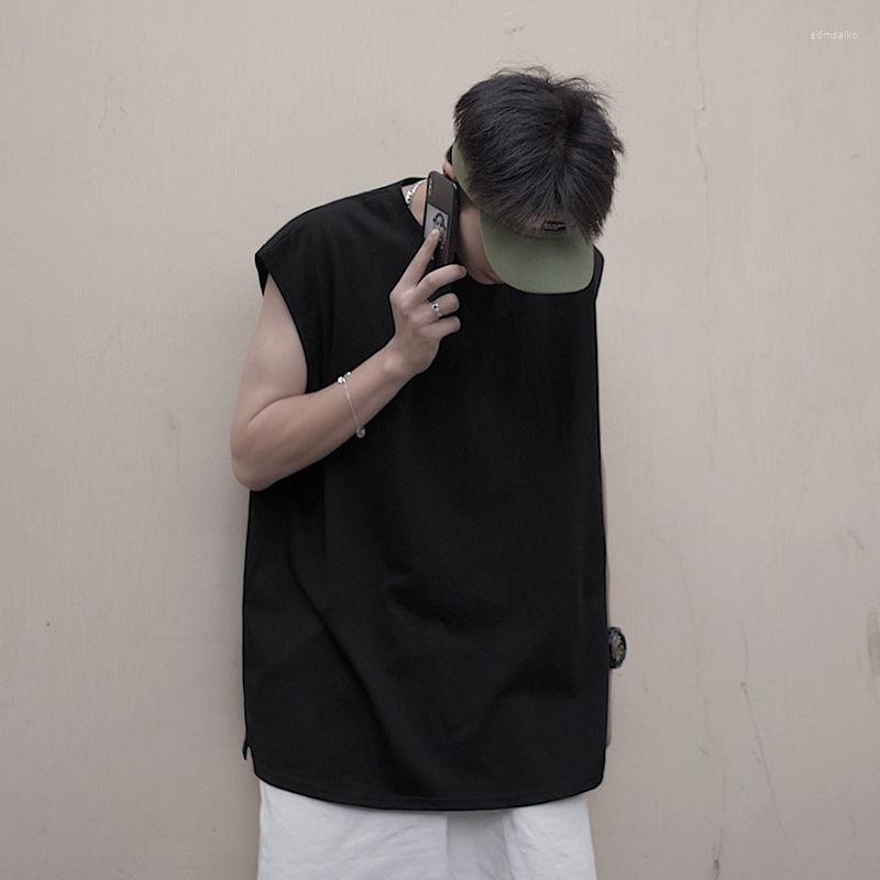 

Men's Tank Tops Cotton Vest Fashion Sports Loose Summer 2022 Round Neck Versatile Student Solid Color Cantilevered Sleeveless T-shirt, Black