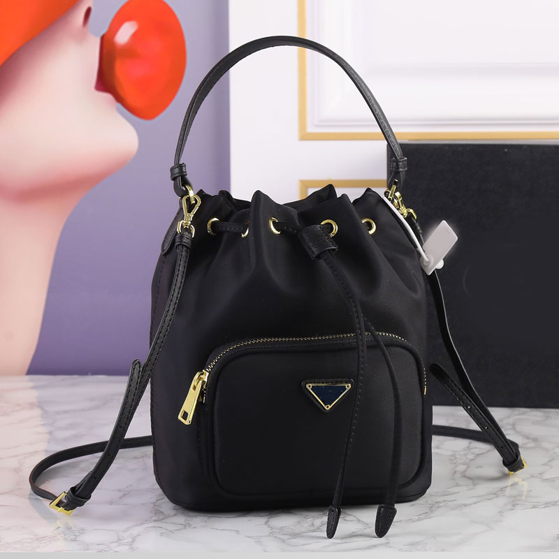

Nylon Bucket Bag String Shoulder Bags Women Handbag Purse Triangle Fashion Letter Removable Leather Shoulder Strap Front Zip Pocket Lady Clutch, Black