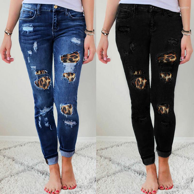 

Women' Pants Ladies Casual Slim Fit Leopard Print Sexy Ripped Patchwork Pencil Spring Autumn Hipster Capris Tight Jeans For Lady, Black