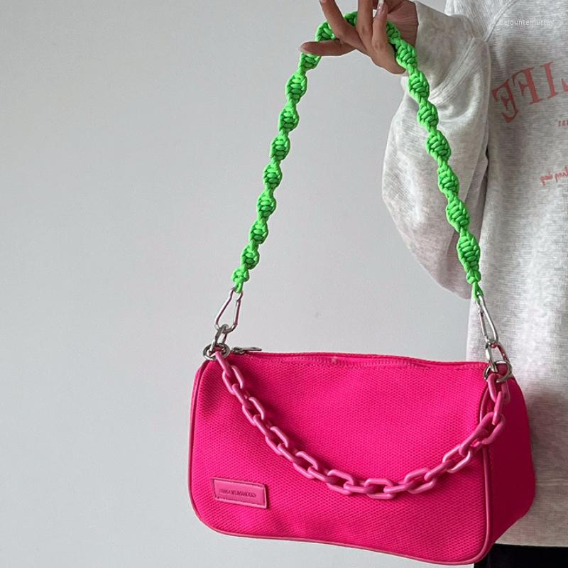 

Evening Bags Contrasting Color Design Ladies Tote Purse Handbags Vintage Chain Women Rose Underarm Bag Hand Woven Belt Female Shoulder, Green