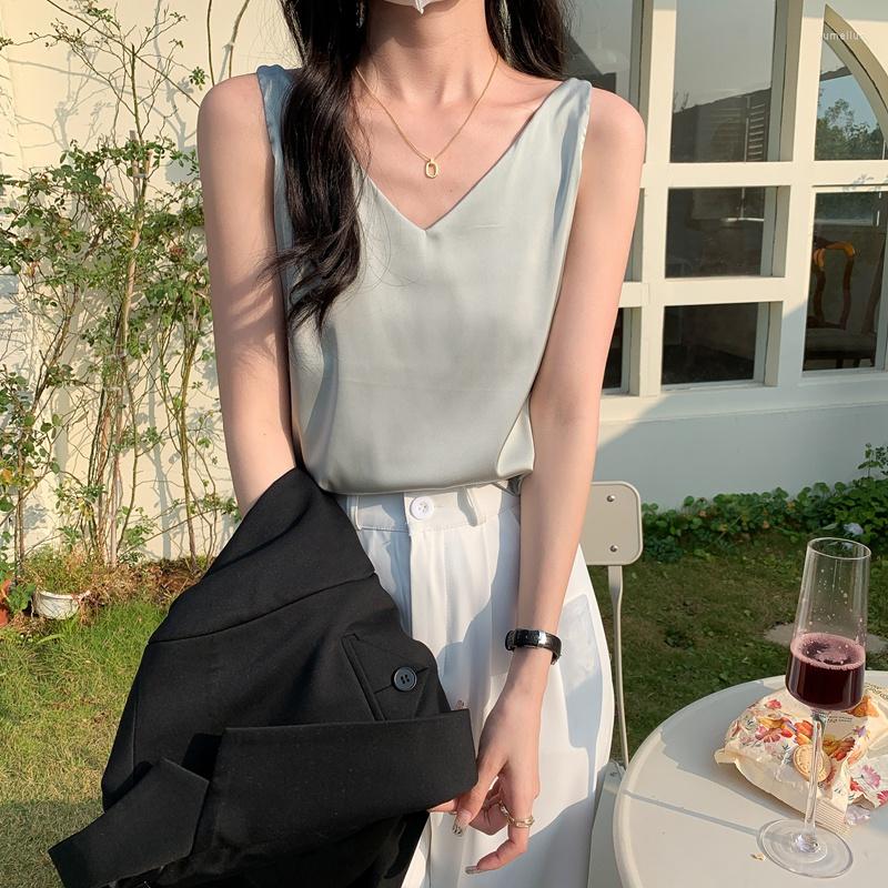 

Women' Polos Korean Style V-neck Silk Solid Color Bottoming Vest Women' Top, White