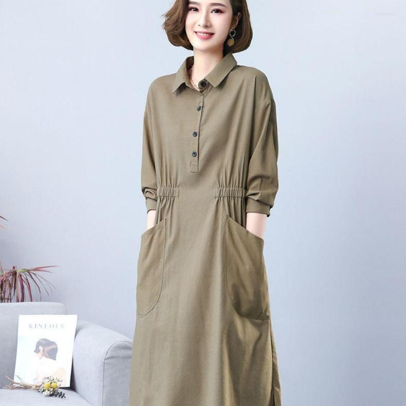 

Casual Dresses Cotton Linen Loose Long Sleeve Dress Spring Autumn 2022 Chic And Elegant For Women Party Korean Clothing Robe Urban Y2k, Military color