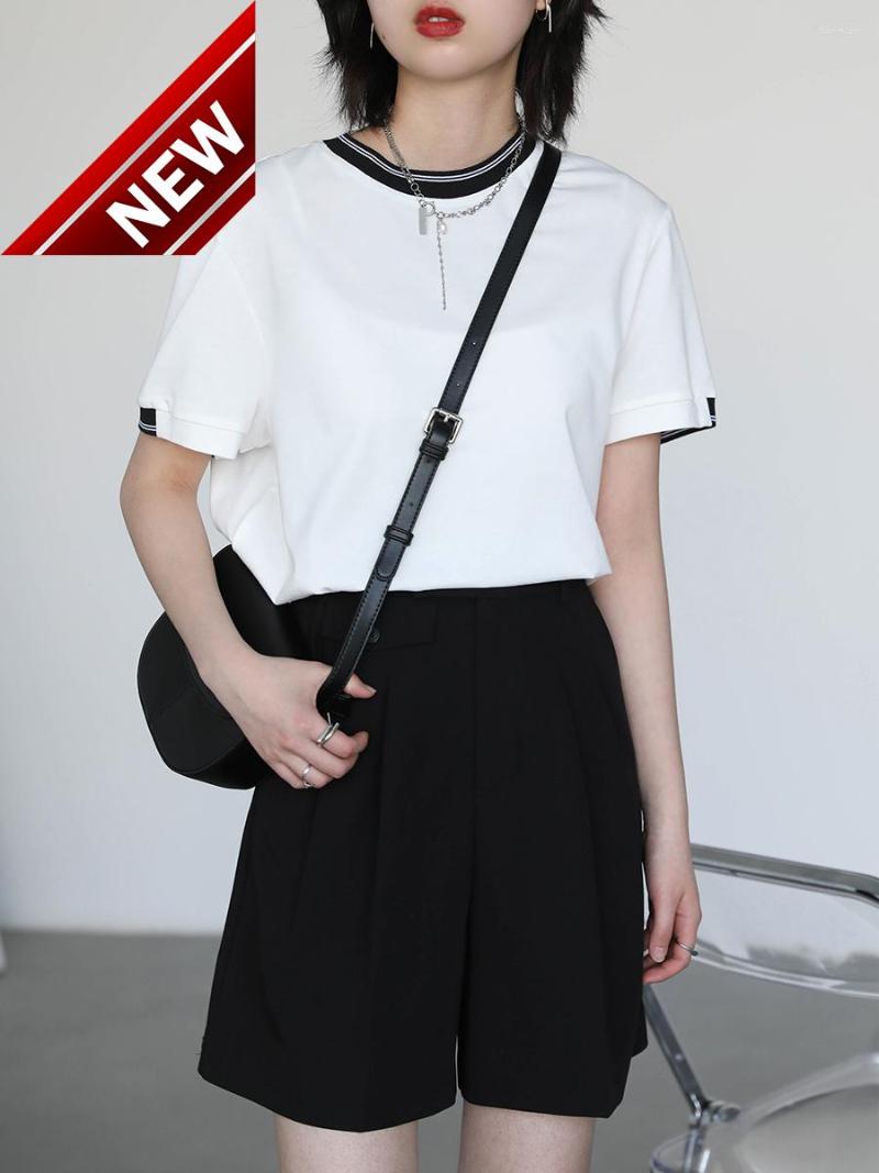

Women' T Shirts Women' Korean Short Fashion Sleeve T-shirt College Contrast Rib Crew Neck Women Tees Female Top Summer 2023, White