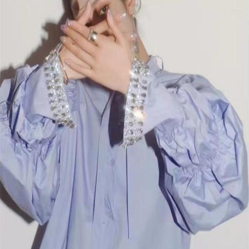 

Women's Blouses Rhinestone Diamond Blouse Women Puff Sleeve Small Fragrance Top Shirt, Blue